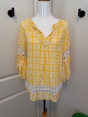 Women's Yellow Lace-Trim Boho Tunic Top
